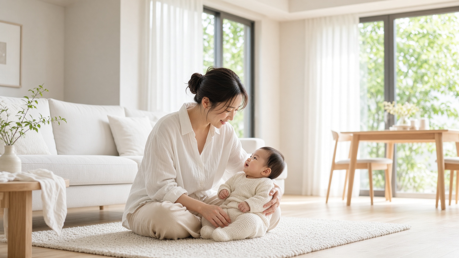 明るい部屋で過ごす、親と赤ちゃん